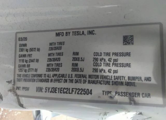 Photo 8 VIN: 5YJ3E1EC2LF722504 - TESLA MODEL 3 