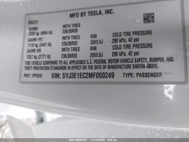 Photo 8 VIN: 5YJ3E1EC2MF050249 - TESLA MODEL 3 