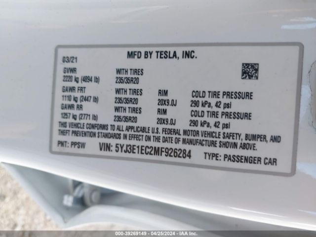 Photo 8 VIN: 5YJ3E1EC2MF926284 - TESLA MODEL 3 