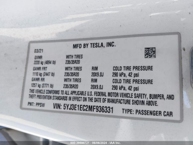 Photo 8 VIN: 5YJ3E1EC2MF936331 - TESLA MODEL 3 