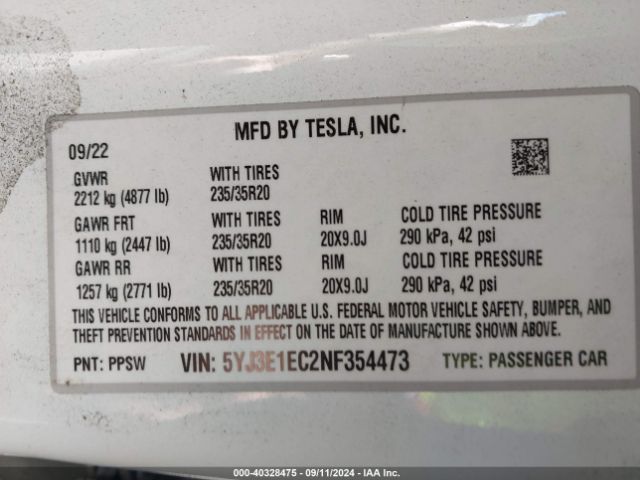 Photo 8 VIN: 5YJ3E1EC2NF354473 - TESLA MODEL 3 