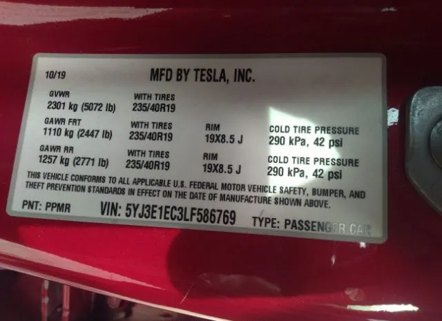 Photo 8 VIN: 5YJ3E1EC3LF586769 - TESLA MODEL 3 