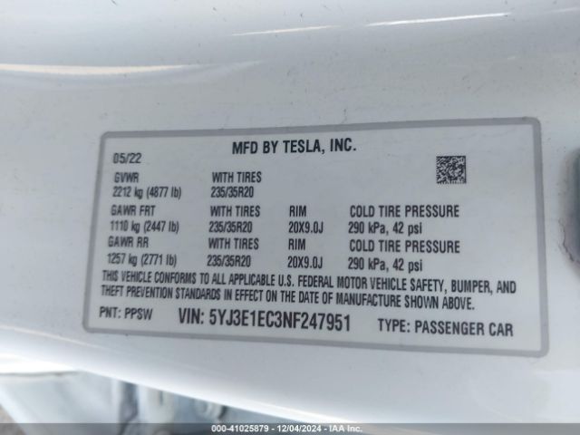 Photo 8 VIN: 5YJ3E1EC3NF247951 - TESLA MODEL 3 