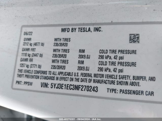 Photo 8 VIN: 5YJ3E1EC3NF270243 - TESLA MODEL 3 