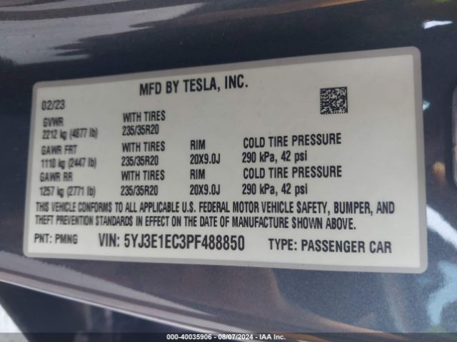 Photo 8 VIN: 5YJ3E1EC3PF488850 - TESLA MODEL 3 