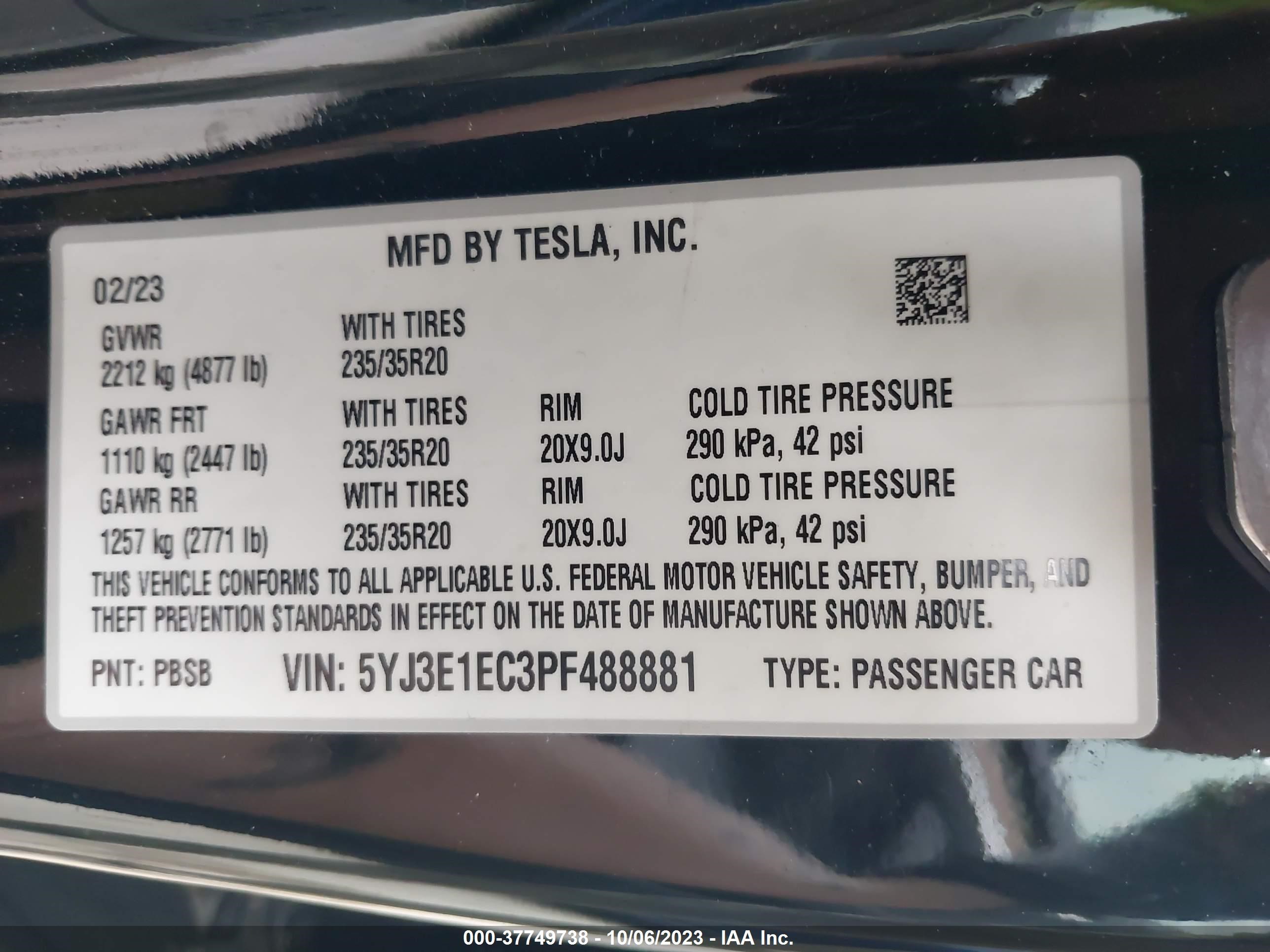 Photo 8 VIN: 5YJ3E1EC3PF488881 - TESLA MODEL 3 