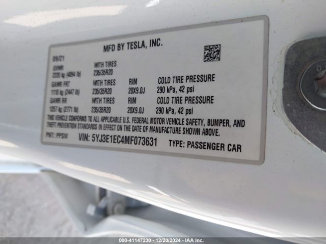 Photo 8 VIN: 5YJ3E1EC4MF073631 - TESLA MODEL 3 