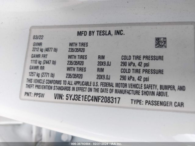 Photo 8 VIN: 5YJ3E1EC4NF208317 - TESLA MODEL 3 