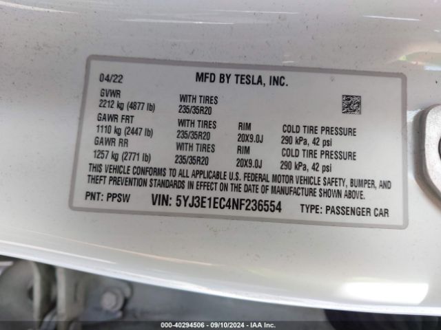 Photo 8 VIN: 5YJ3E1EC4NF236554 - TESLA MODEL 3 