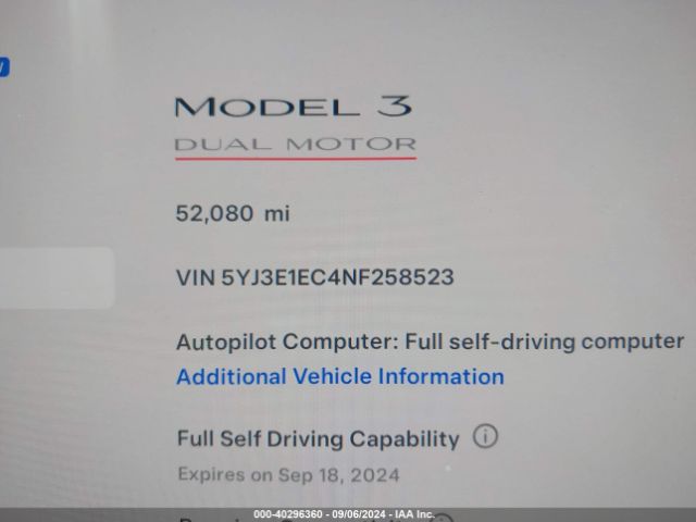 Photo 6 VIN: 5YJ3E1EC4NF258523 - TESLA MODEL 3 