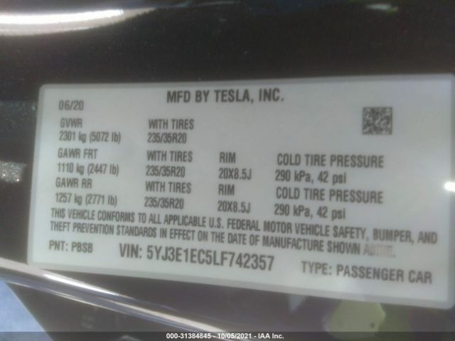 Photo 8 VIN: 5YJ3E1EC5LF742357 - TESLA MODEL 3 