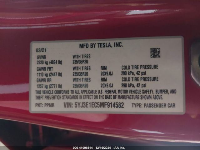 Photo 8 VIN: 5YJ3E1EC5MF914582 - TESLA MODEL 3 