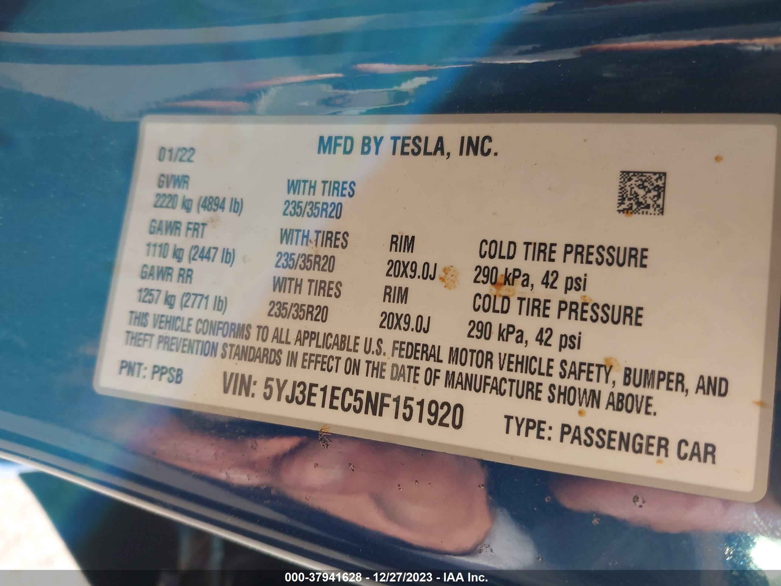 Photo 7 VIN: 5YJ3E1EC5NF151920 - TESLA MODEL 3 