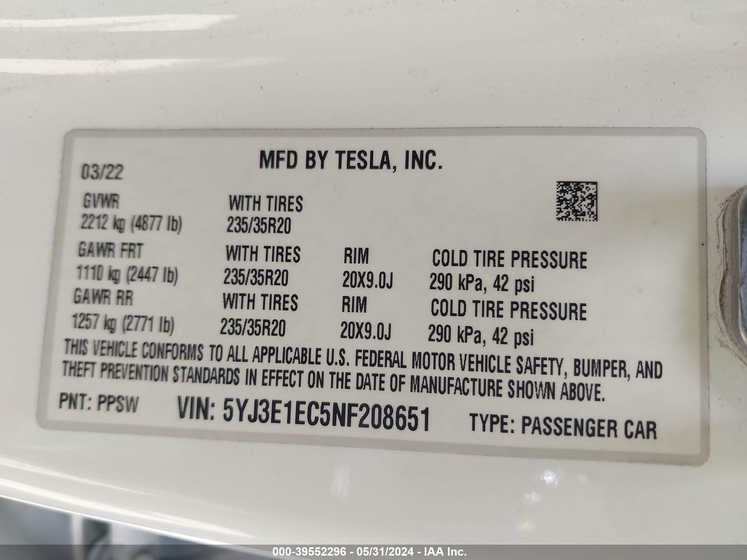 Photo 8 VIN: 5YJ3E1EC5NF208651 - TESLA MODEL 3 