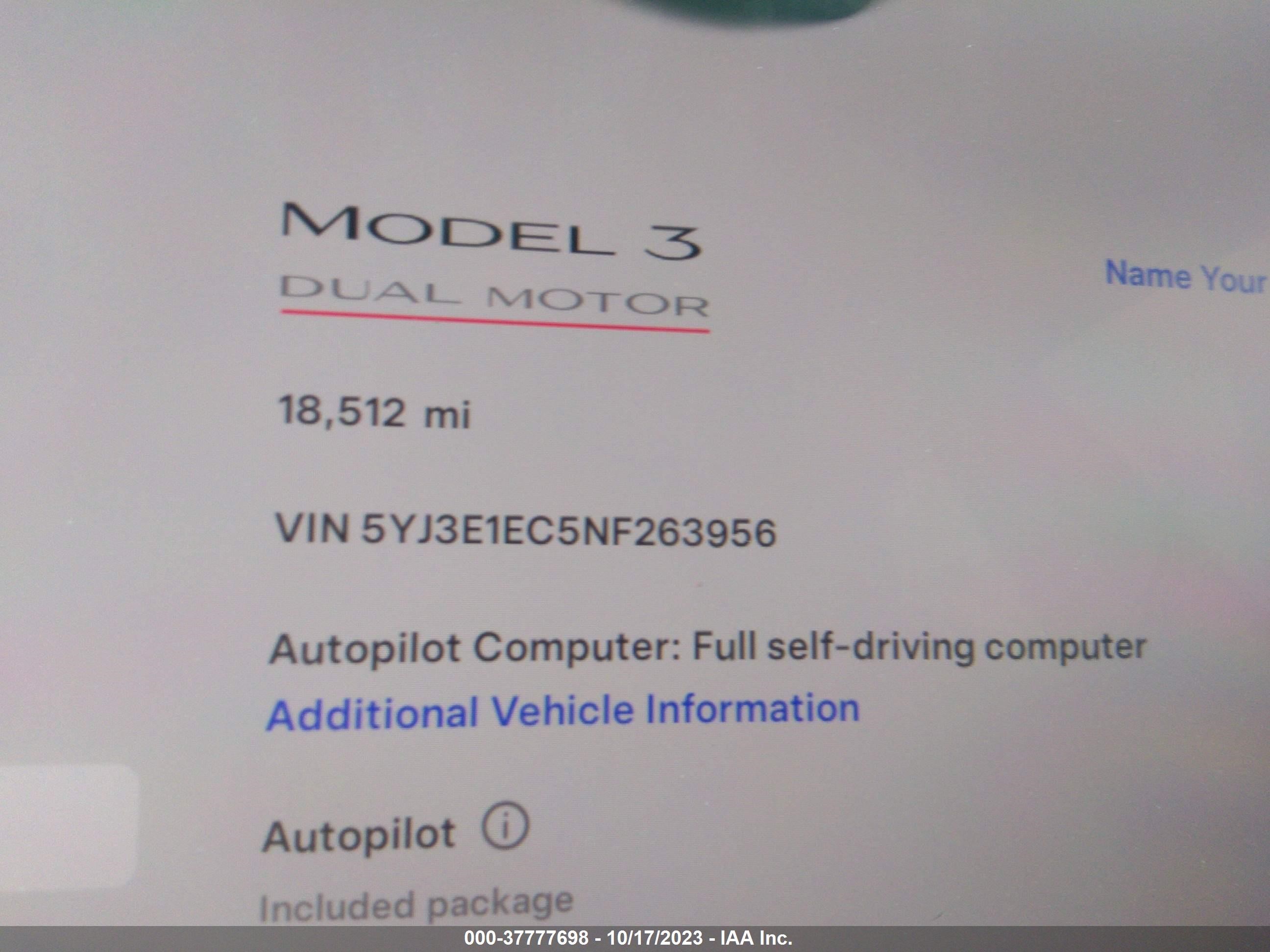 Photo 6 VIN: 5YJ3E1EC5NF263956 - TESLA MODEL 3 