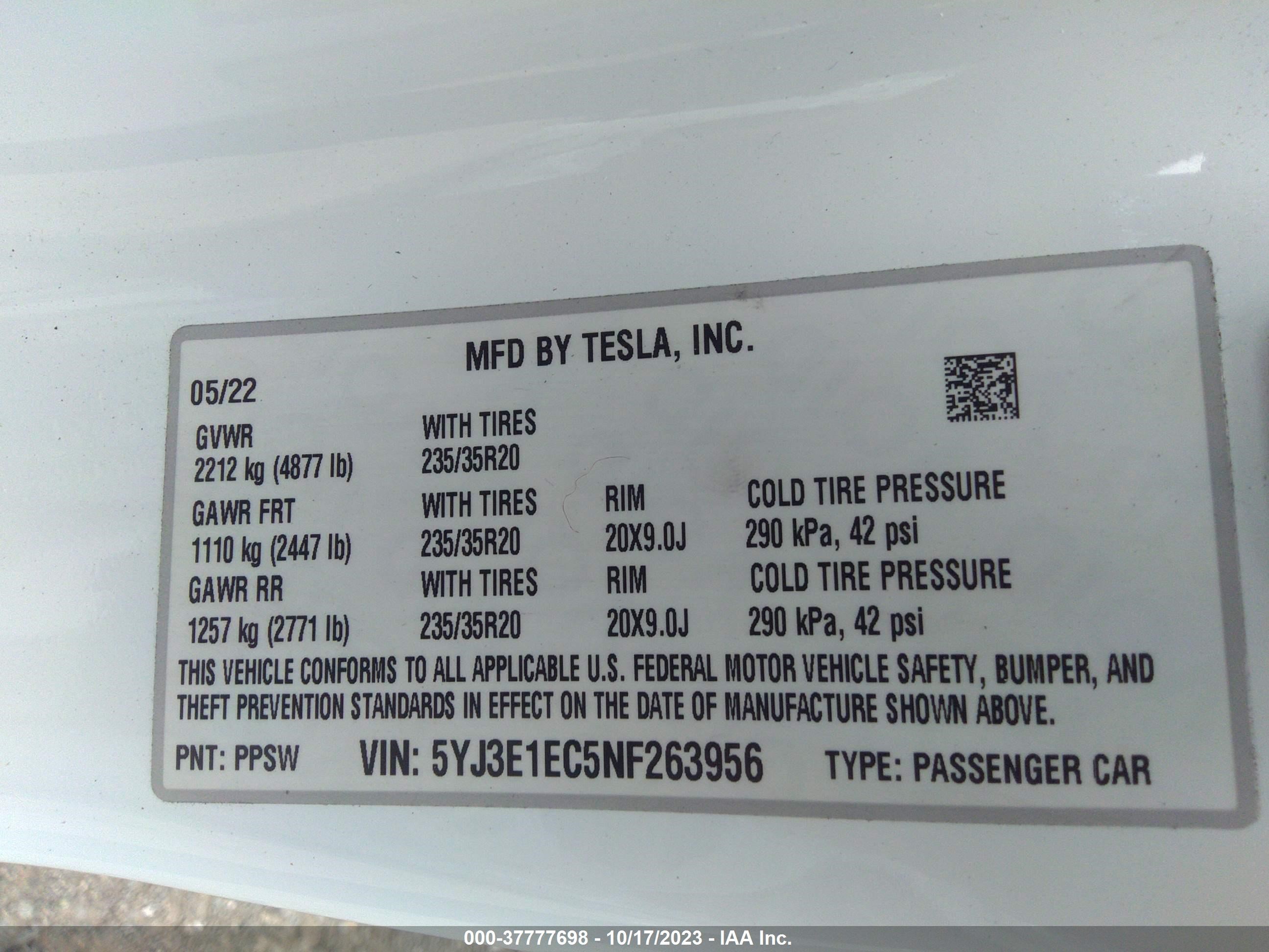 Photo 8 VIN: 5YJ3E1EC5NF263956 - TESLA MODEL 3 