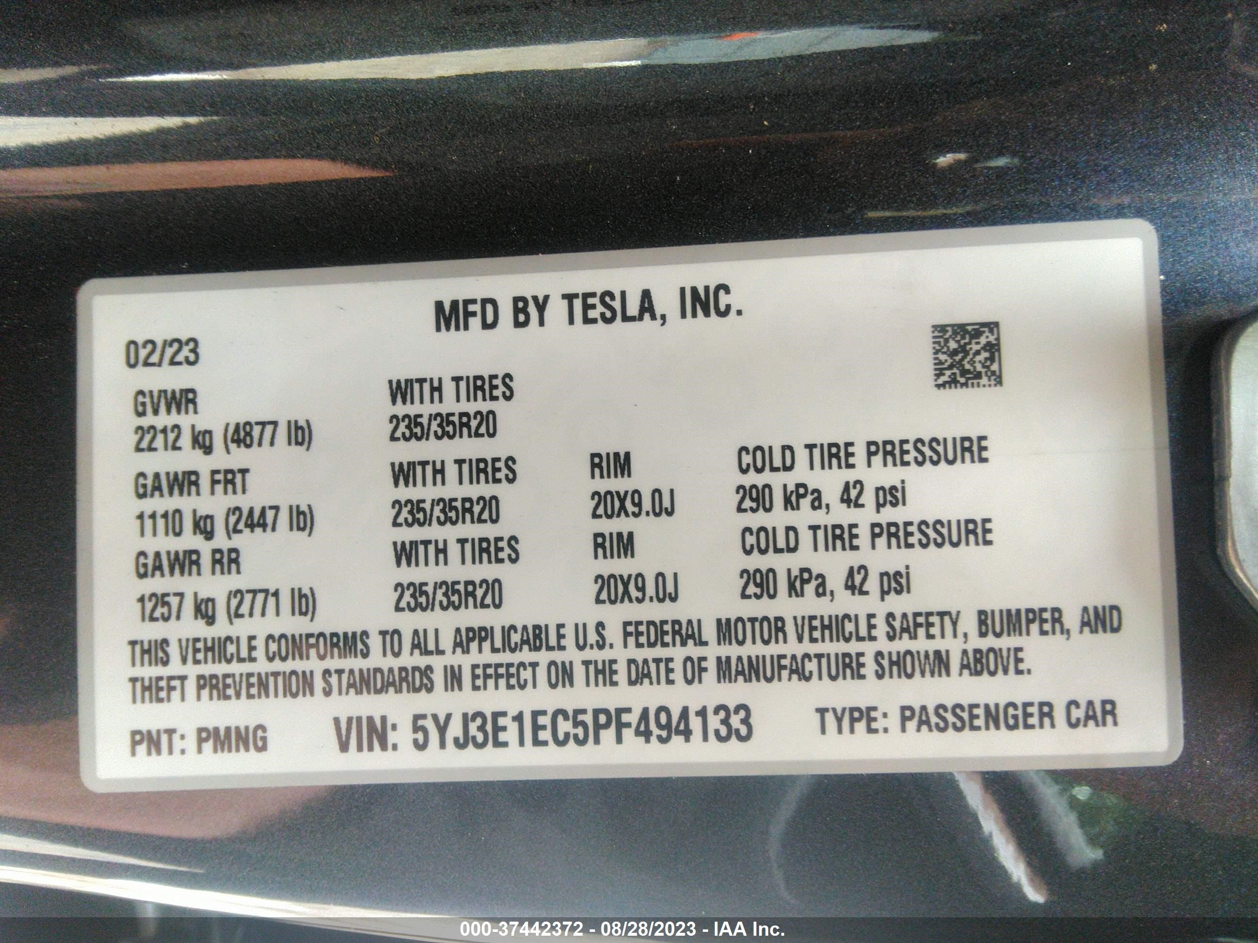 Photo 8 VIN: 5YJ3E1EC5PF494133 - TESLA MODEL 3 