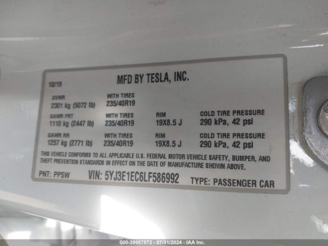 Photo 8 VIN: 5YJ3E1EC6LF586992 - TESLA MODEL 3 