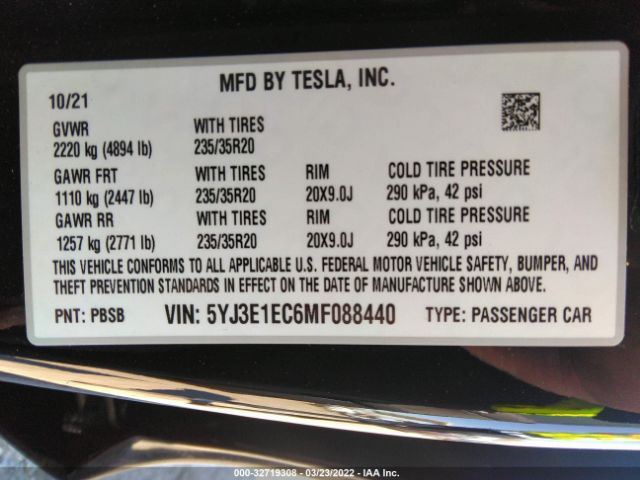 Photo 8 VIN: 5YJ3E1EC6MF088440 - TESLA MODEL 3 