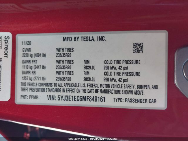 Photo 8 VIN: 5YJ3E1EC6MF849161 - TESLA MODEL 3 