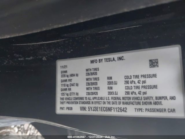 Photo 8 VIN: 5YJ3E1EC6NF112642 - TESLA MODEL 3 