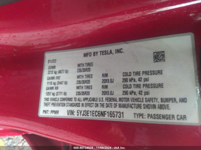 Photo 8 VIN: 5YJ3E1EC6NF165731 - TESLA MODEL 3 