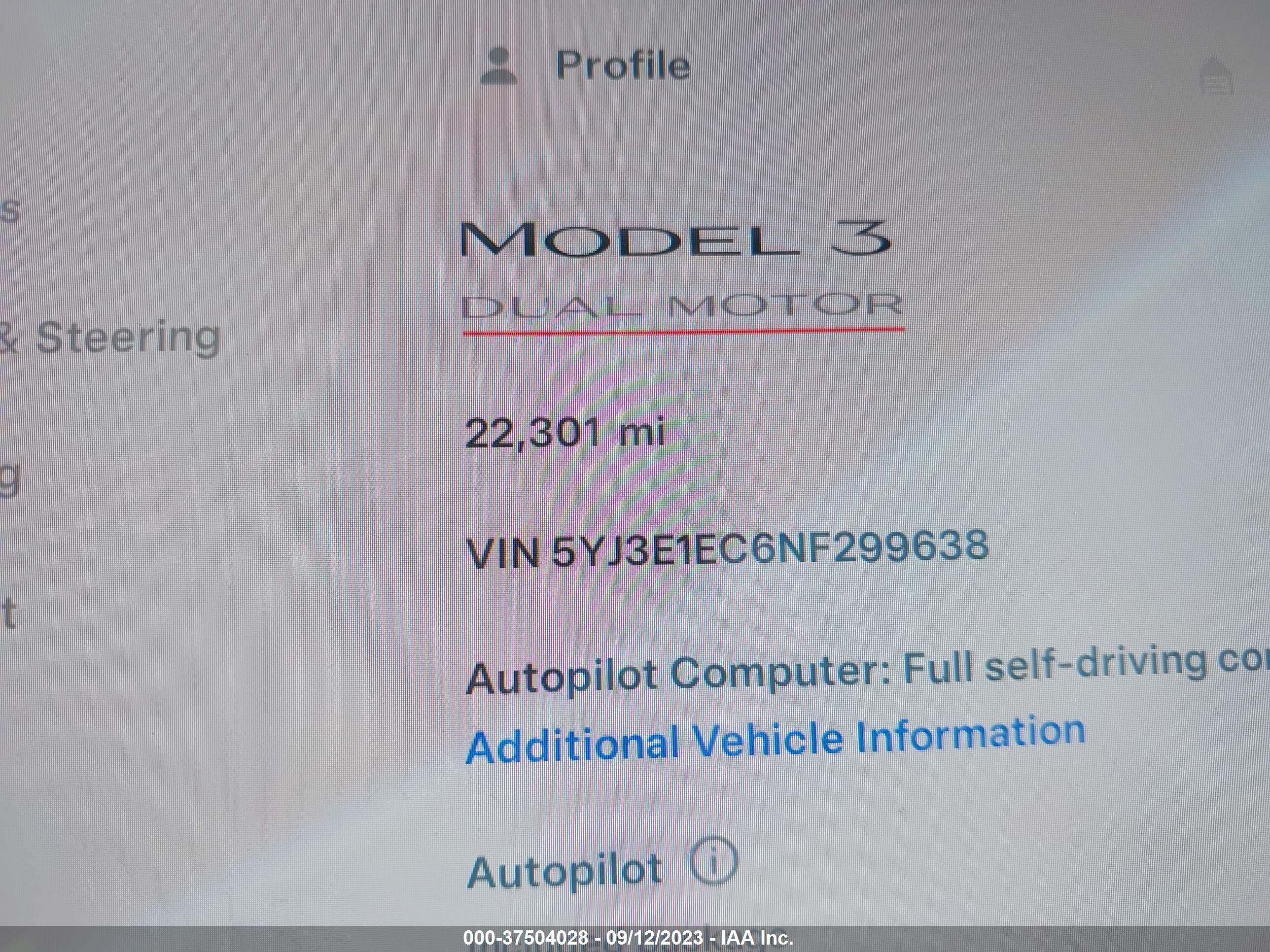 Photo 14 VIN: 5YJ3E1EC6NF299638 - TESLA MODEL 3 