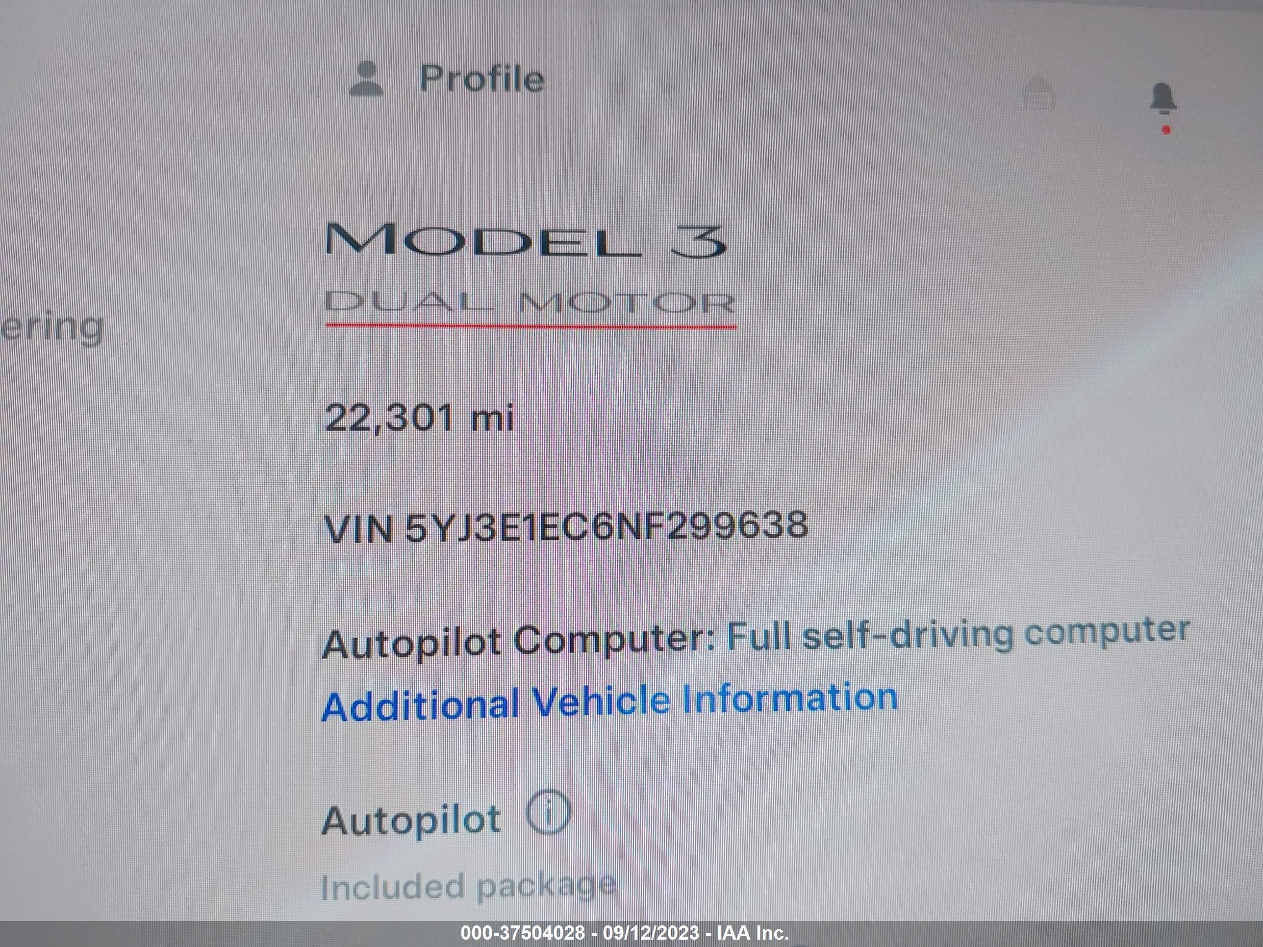 Photo 6 VIN: 5YJ3E1EC6NF299638 - TESLA MODEL 3 