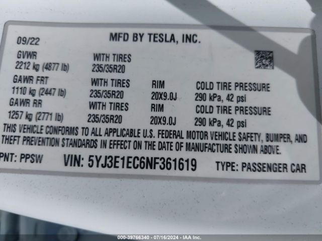 Photo 8 VIN: 5YJ3E1EC6NF361619 - TESLA MODEL 3 