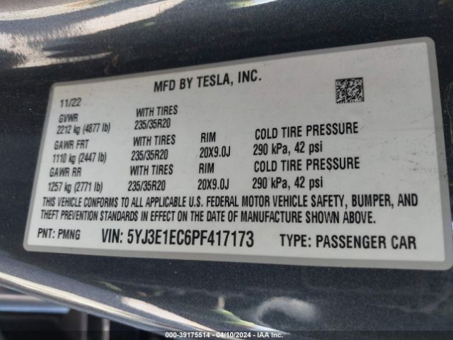 Photo 8 VIN: 5YJ3E1EC6PF417173 - TESLA MODEL 3 