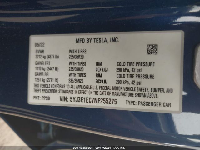 Photo 8 VIN: 5YJ3E1EC7NF255275 - TESLA MODEL 3 