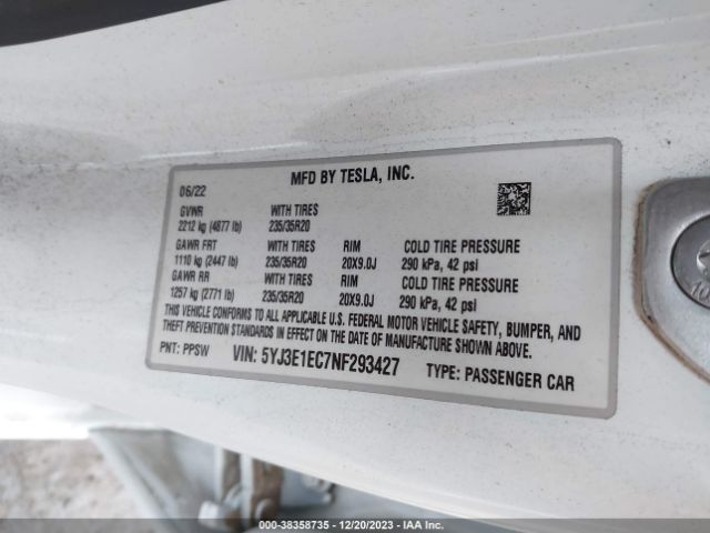 Photo 8 VIN: 5YJ3E1EC7NF293427 - TESLA MODEL 3 