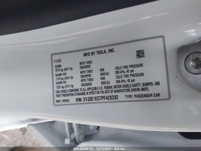 Photo 8 VIN: 5YJ3E1EC7PF428392 - TESLA MODEL 3 