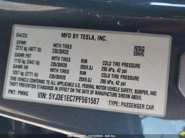 Photo 8 VIN: 5YJ3E1EC7PF561587 - TESLA MODEL 3 