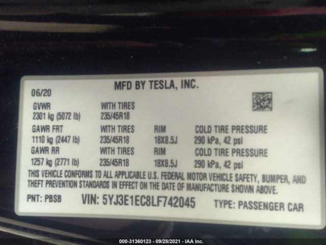 Photo 8 VIN: 5YJ3E1EC8LF742045 - TESLA MODEL 3 