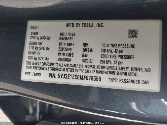 Photo 8 VIN: 5YJ3E1EC8MF078556 - TESLA MODEL 3 