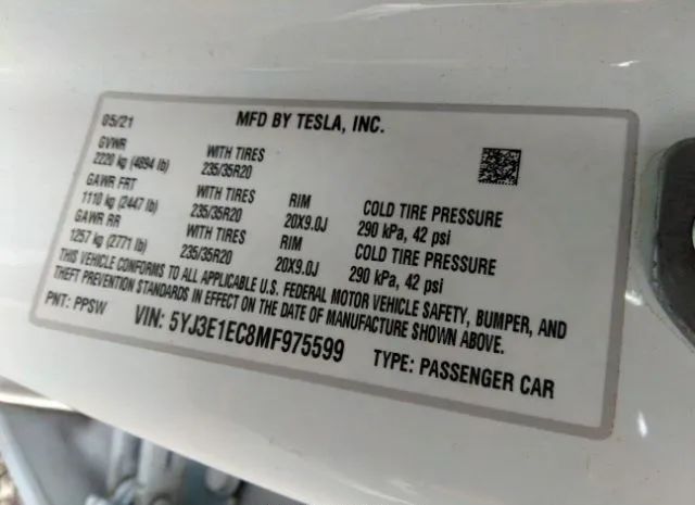 Photo 8 VIN: 5YJ3E1EC8MF975599 - TESLA MODEL 3 