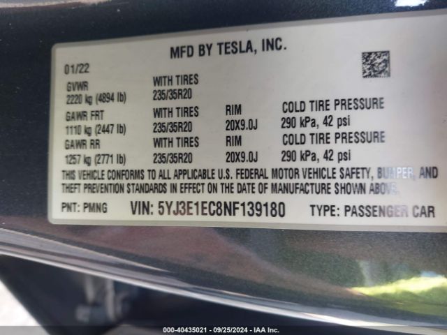 Photo 8 VIN: 5YJ3E1EC8NF139180 - TESLA MODEL 3 