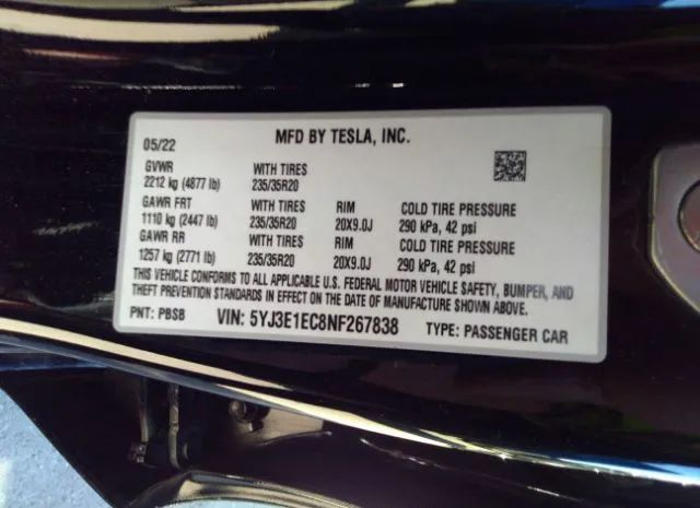 Photo 8 VIN: 5YJ3E1EC8NF267838 - TESLA MODEL 3 