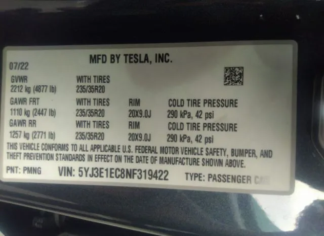 Photo 8 VIN: 5YJ3E1EC8NF319422 - TESLA MODEL 3 