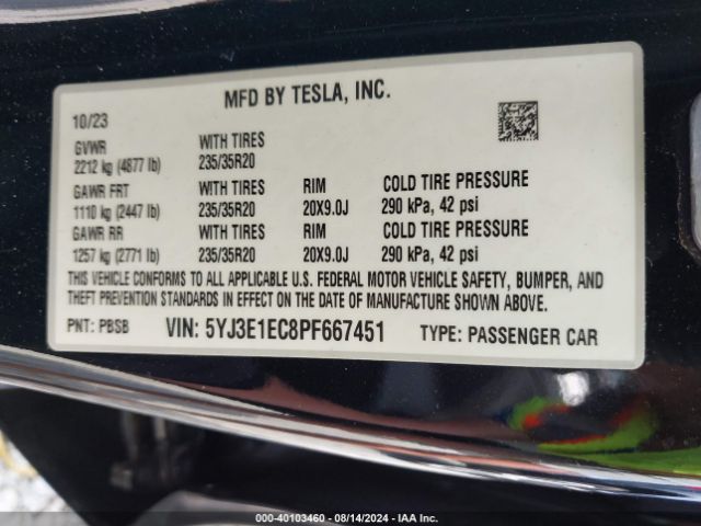 Photo 8 VIN: 5YJ3E1EC8PF667451 - TESLA MODEL 3 