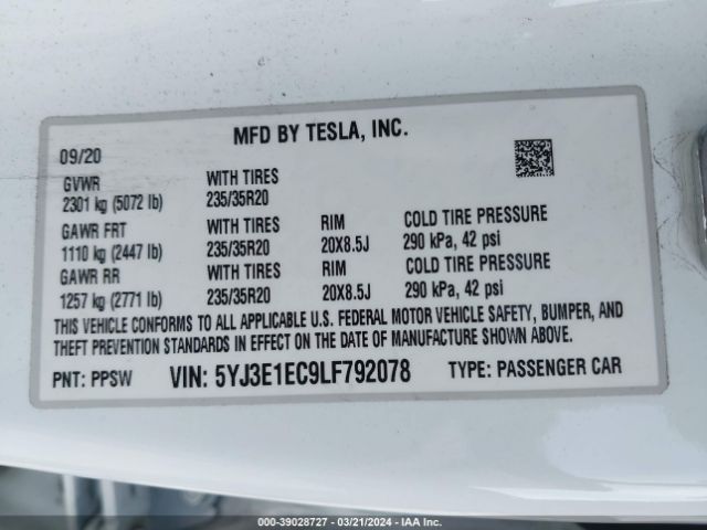 Photo 8 VIN: 5YJ3E1EC9LF792078 - TESLA MODEL 3 