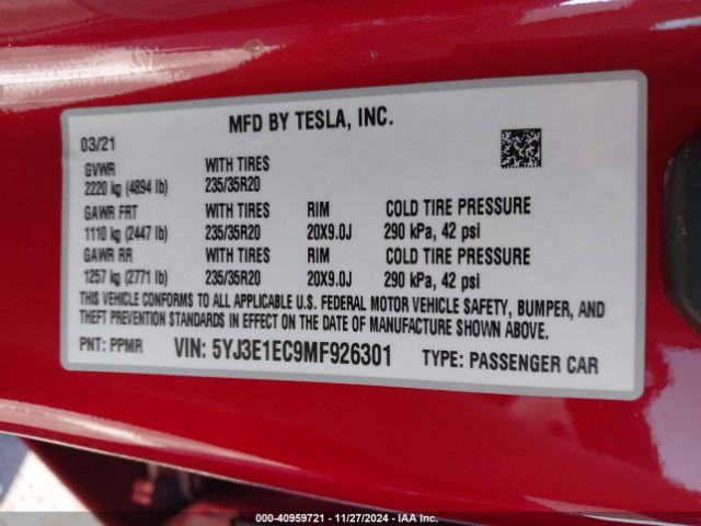 Photo 8 VIN: 5YJ3E1EC9MF926301 - TESLA MODEL 3 