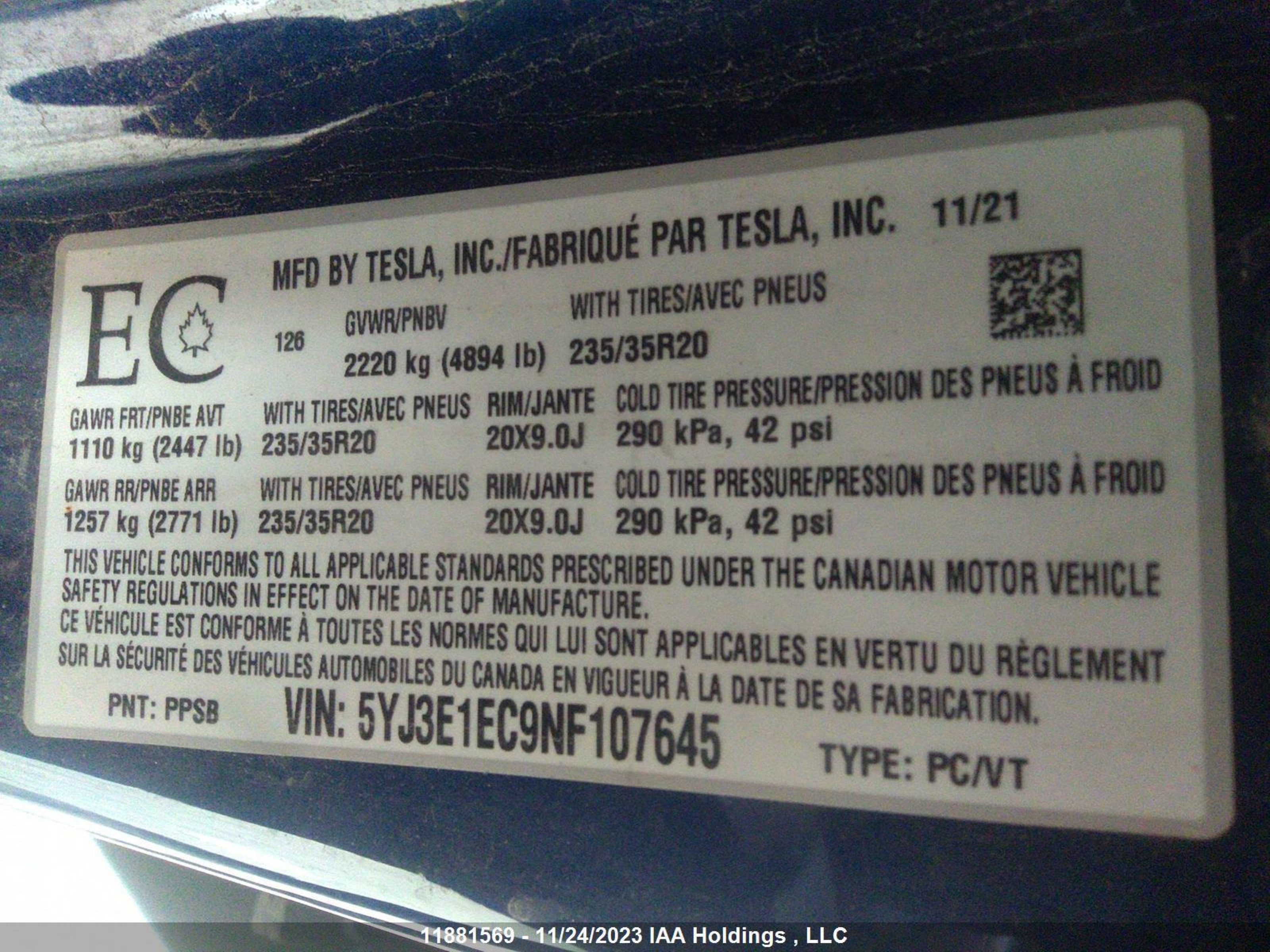 Photo 8 VIN: 5YJ3E1EC9NF107645 - TESLA MODEL 3 