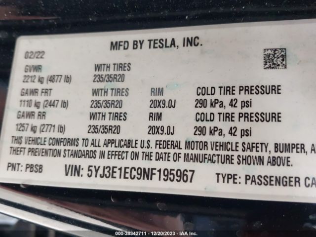 Photo 8 VIN: 5YJ3E1EC9NF195967 - TESLA MODEL 3 