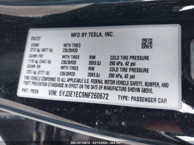 Photo 8 VIN: 5YJ3E1EC9NF260672 - TESLA MODEL 3 