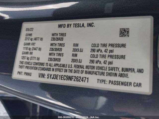 Photo 8 VIN: 5YJ3E1EC9NF262471 - TESLA MODEL 3 