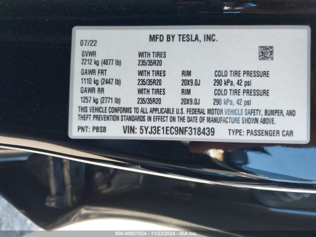 Photo 8 VIN: 5YJ3E1EC9NF318439 - TESLA MODEL 3 