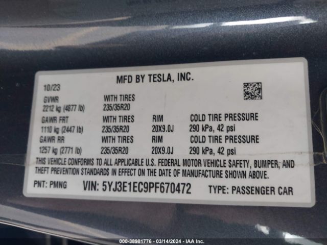 Photo 8 VIN: 5YJ3E1EC9PF670472 - TESLA MODEL 3 