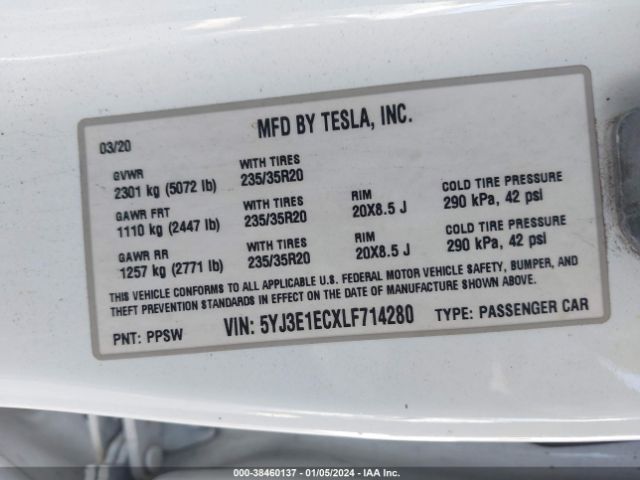 Photo 8 VIN: 5YJ3E1ECXLF714280 - TESLA MODEL 3 